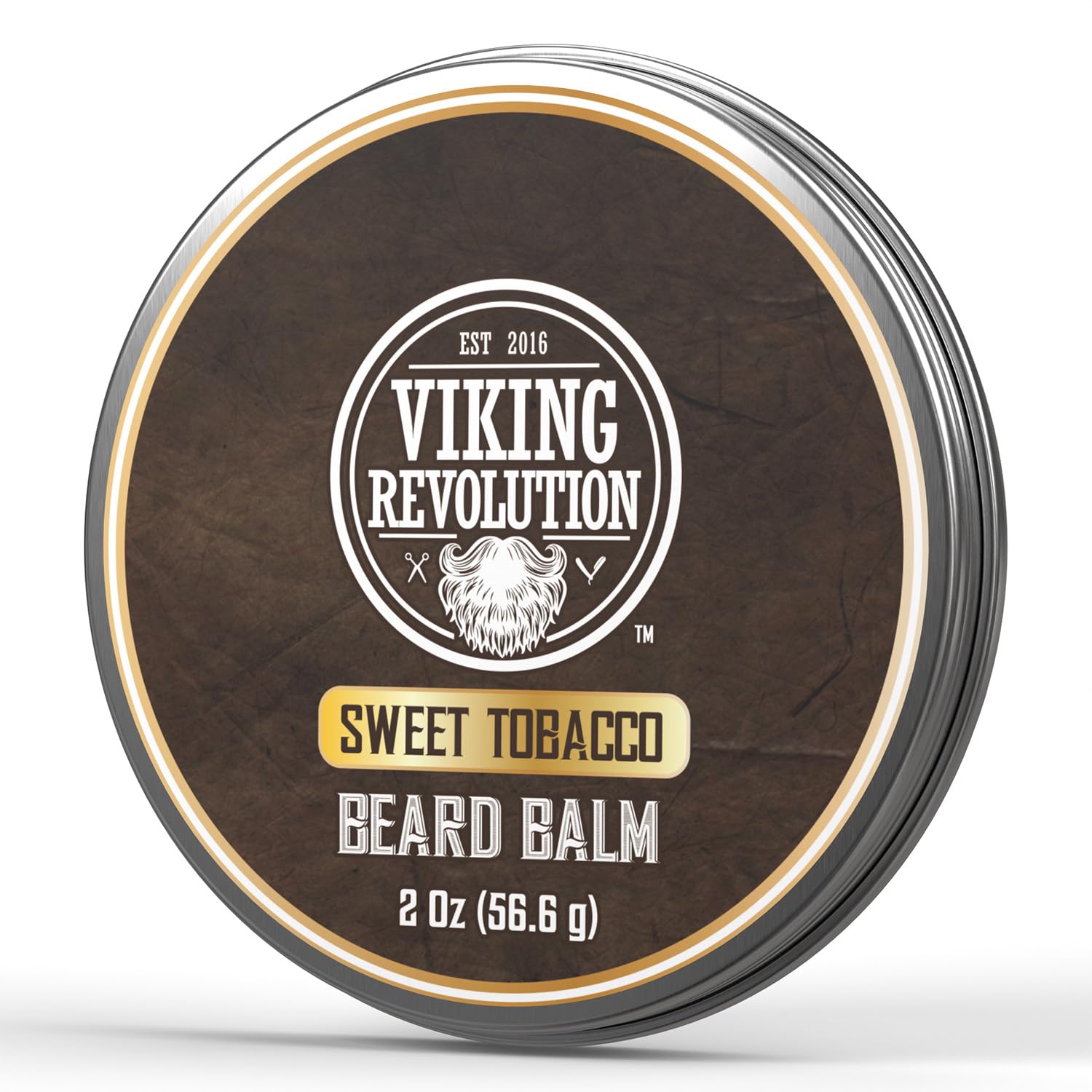 Viking Revolution Sweet Tobacco beard balm jar, softens and nourishes facial hair.