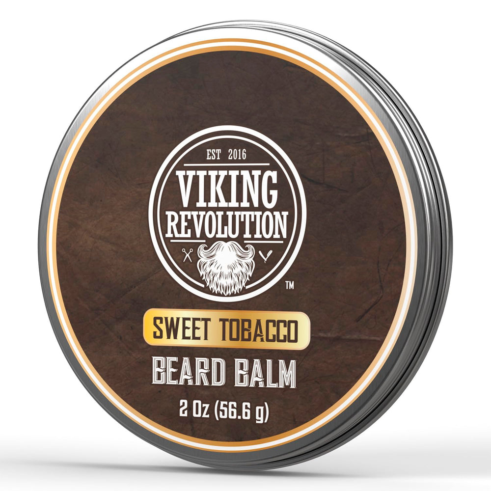 Viking Revolution Sweet Tobacco beard balm jar, softens and nourishes facial hair.