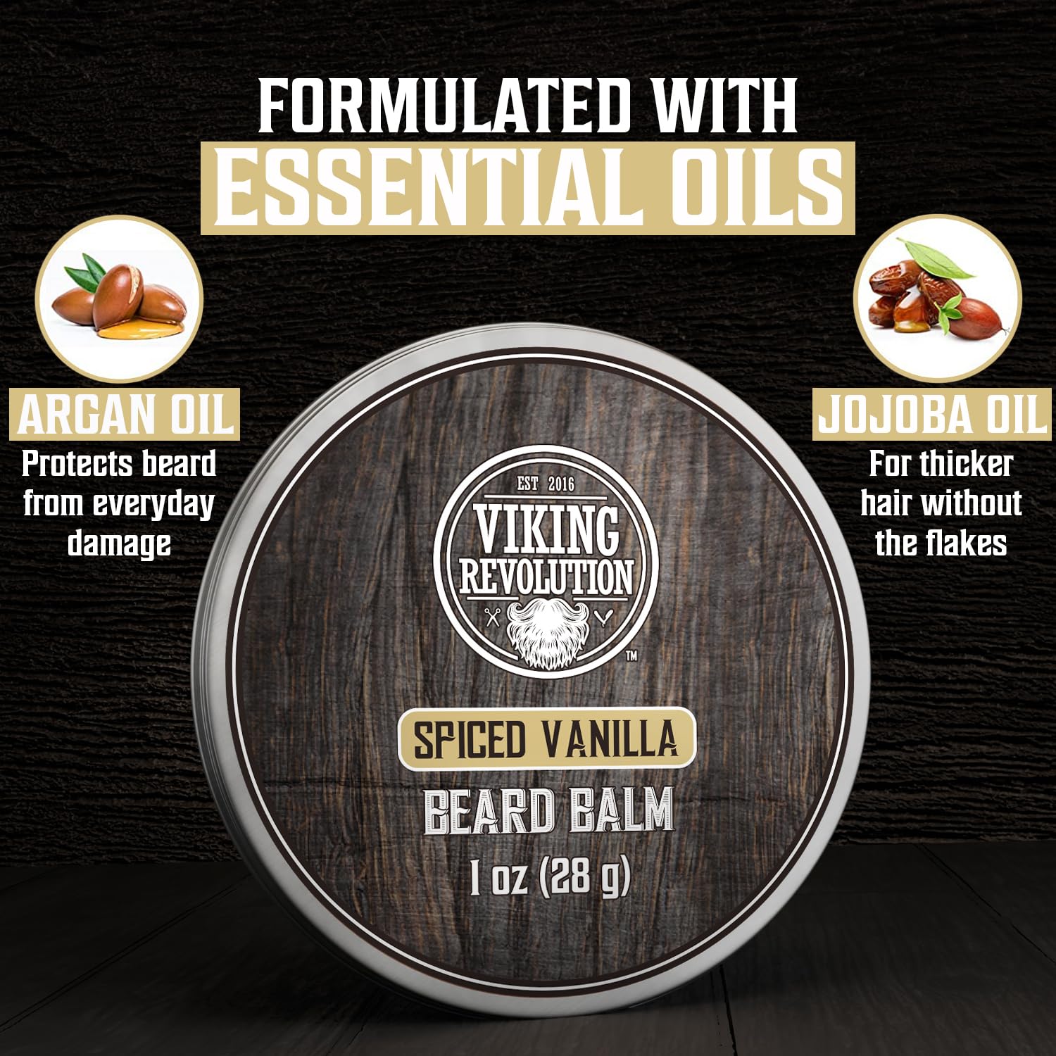 Viking Revolution sweet tobacco beard balm highlighting softening and matte hold with rich scent.