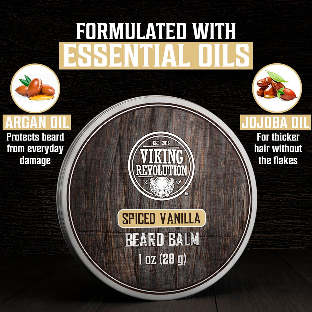 Viking Revolution sweet tobacco beard balm highlighting softening and matte hold with rich scent.