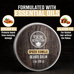 Viking Revolution sweet tobacco beard balm highlighting softening and matte hold with rich scent.