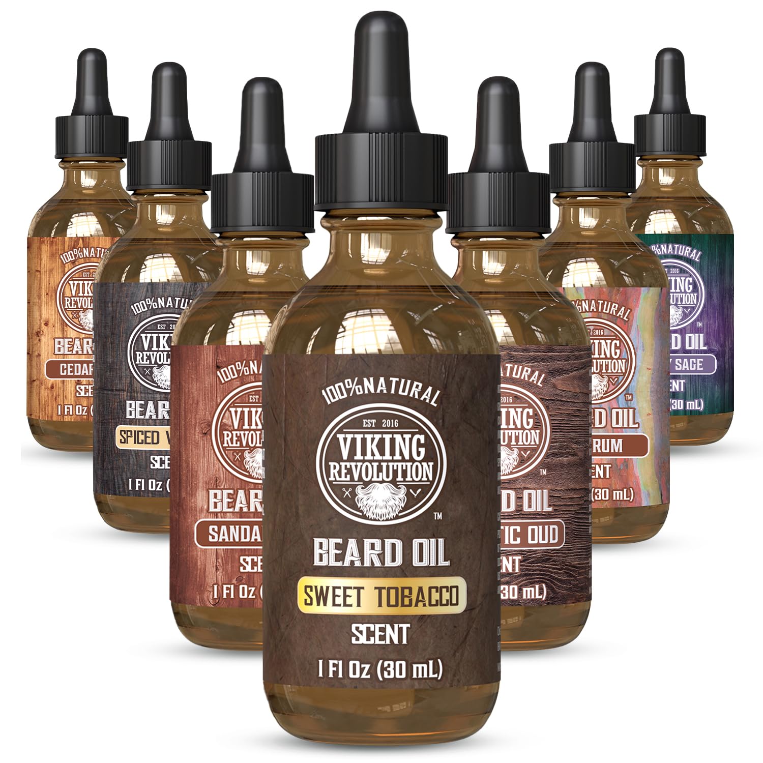Viking Revolution Sweet Tobacco beard oil bottle with dropper for conditioning and scent.