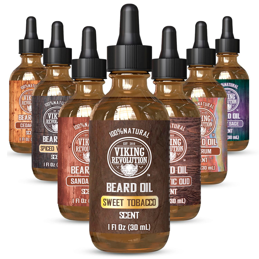 Viking Revolution Sweet Tobacco beard oil bottle with dropper for conditioning and scent.
