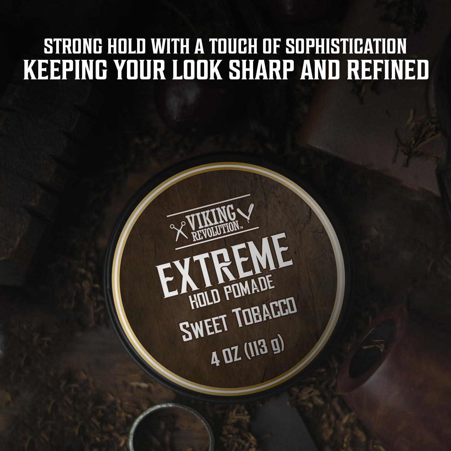 Envase de 4oz de Viking Revolution Sweet Tobacco Pomada para pelo.