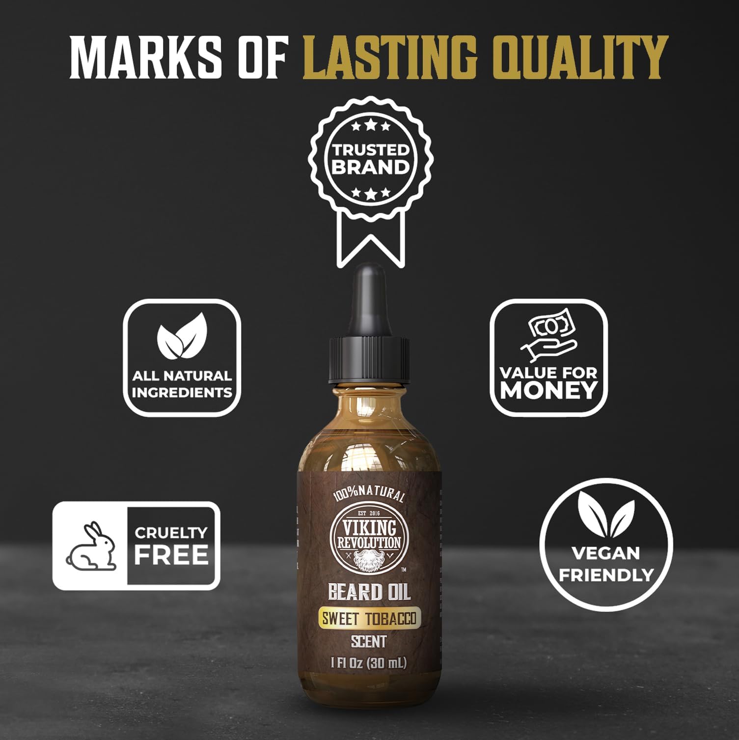 Lifestyle shot of Viking Revolution Sweet Tobacco beard oil packaging and scent.