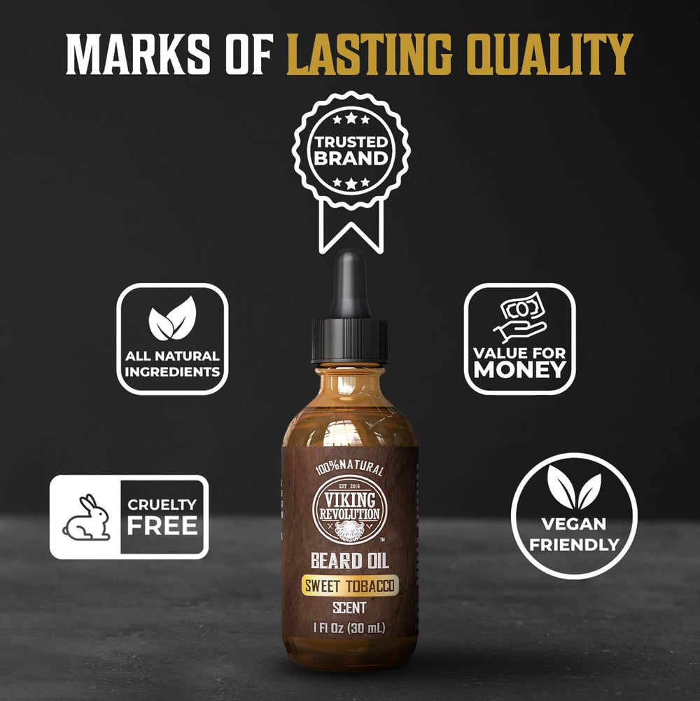 Lifestyle shot of Viking Revolution Sweet Tobacco beard oil packaging and scent.