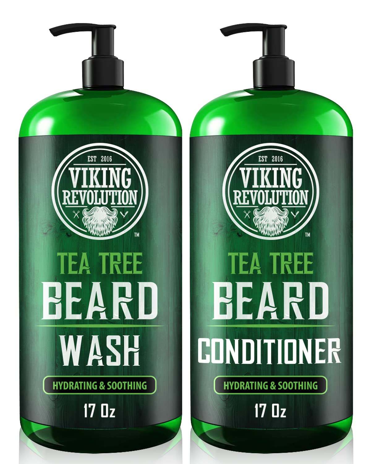 Viking Revolution Tea Tree Beard Wash bottle showing cleansing action and refreshing scent.