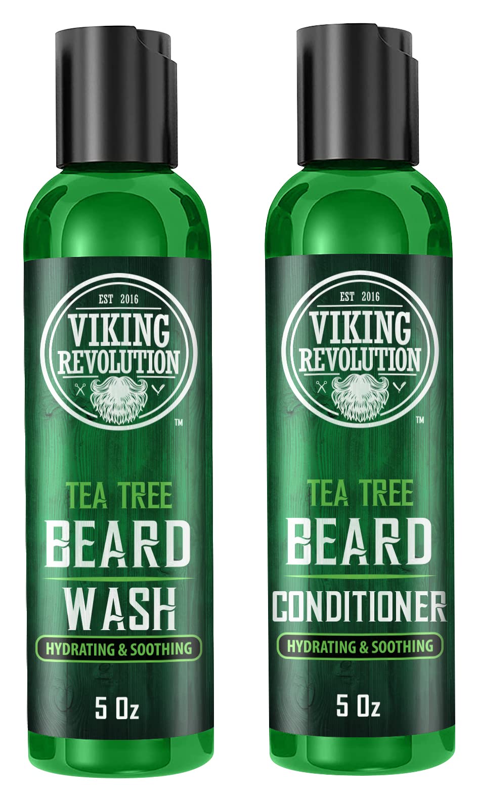 Viking Revolution Tea Tree Beard Wash bottle demonstrates cleansing action for clean, refreshed skin.
