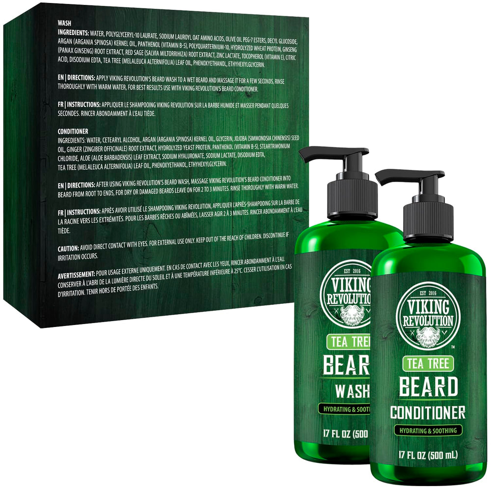 Tea tree oil imagery suggesting dandruff control for beards and skin.