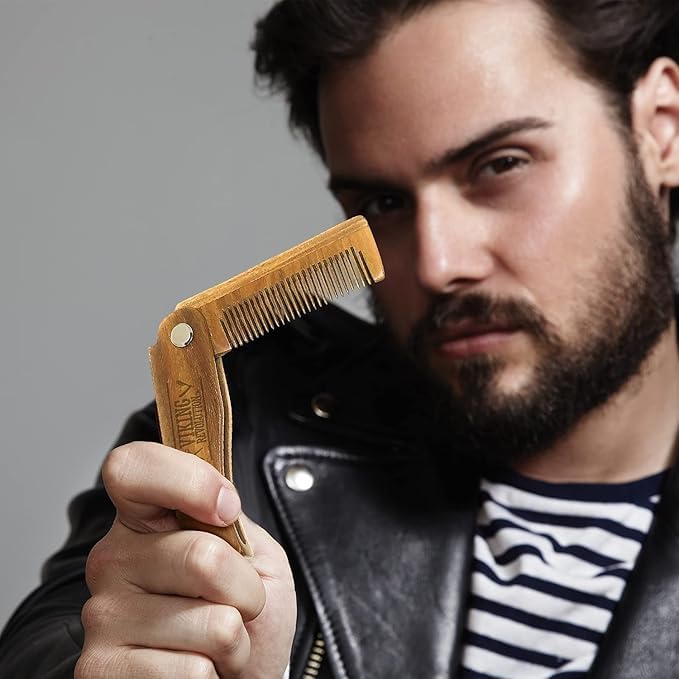 Viking Revolution travel-beard-grooming-kit features a compact sandalwood comb.