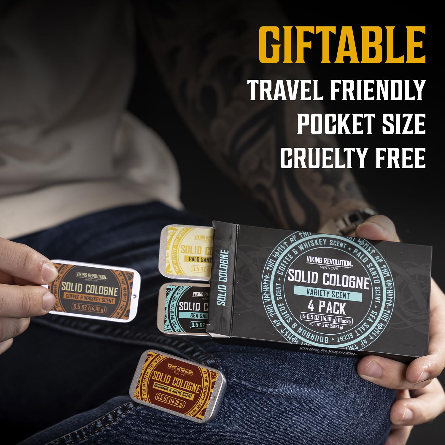 Portable Viking Revolution travel tin packaging for solid colognes