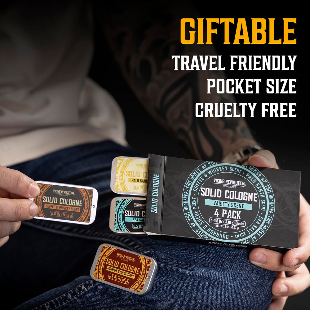 Portable Viking Revolution travel tin packaging for solid colognes