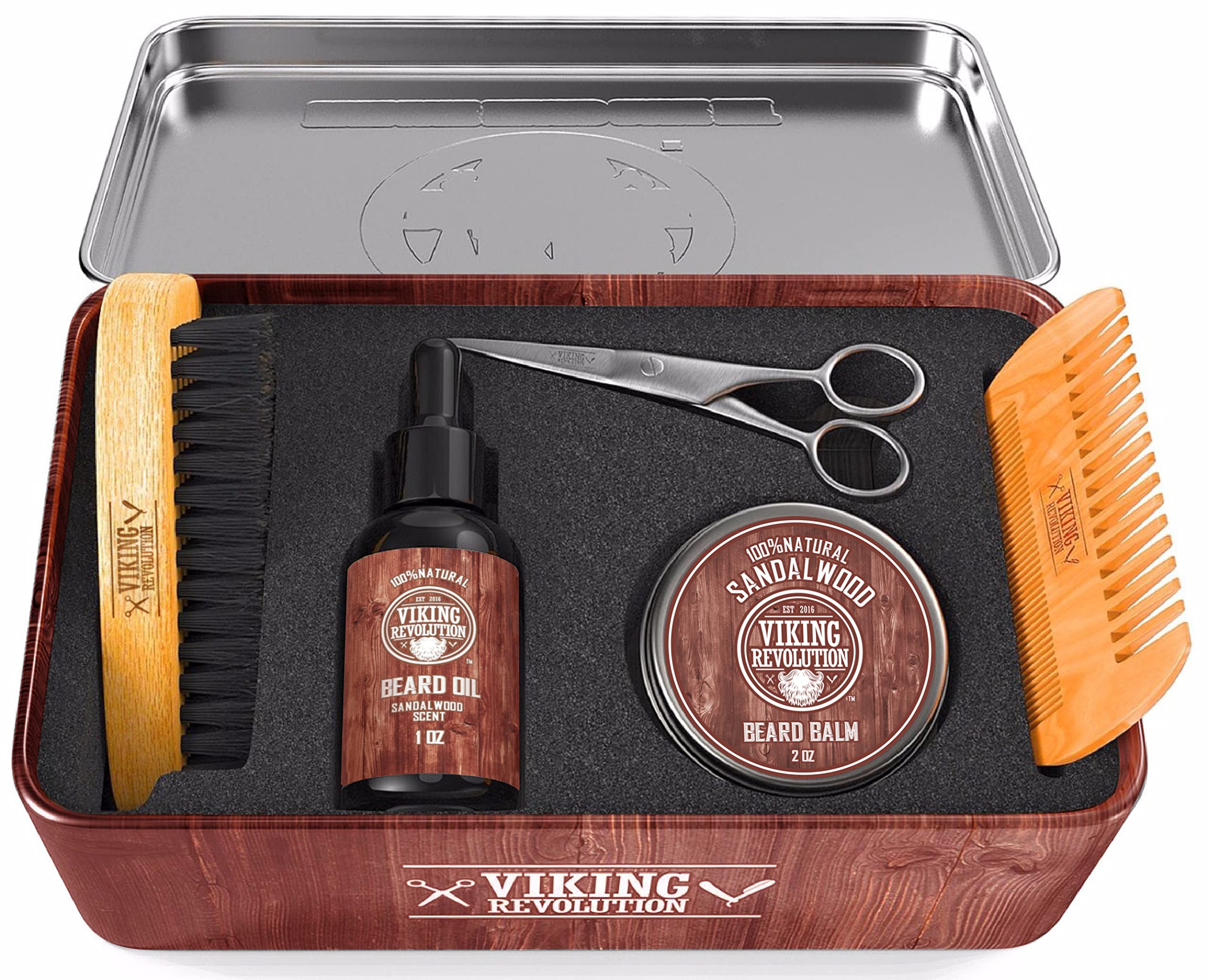 Viking Revolution sandalwood beard oil nourishes and scents the beard.