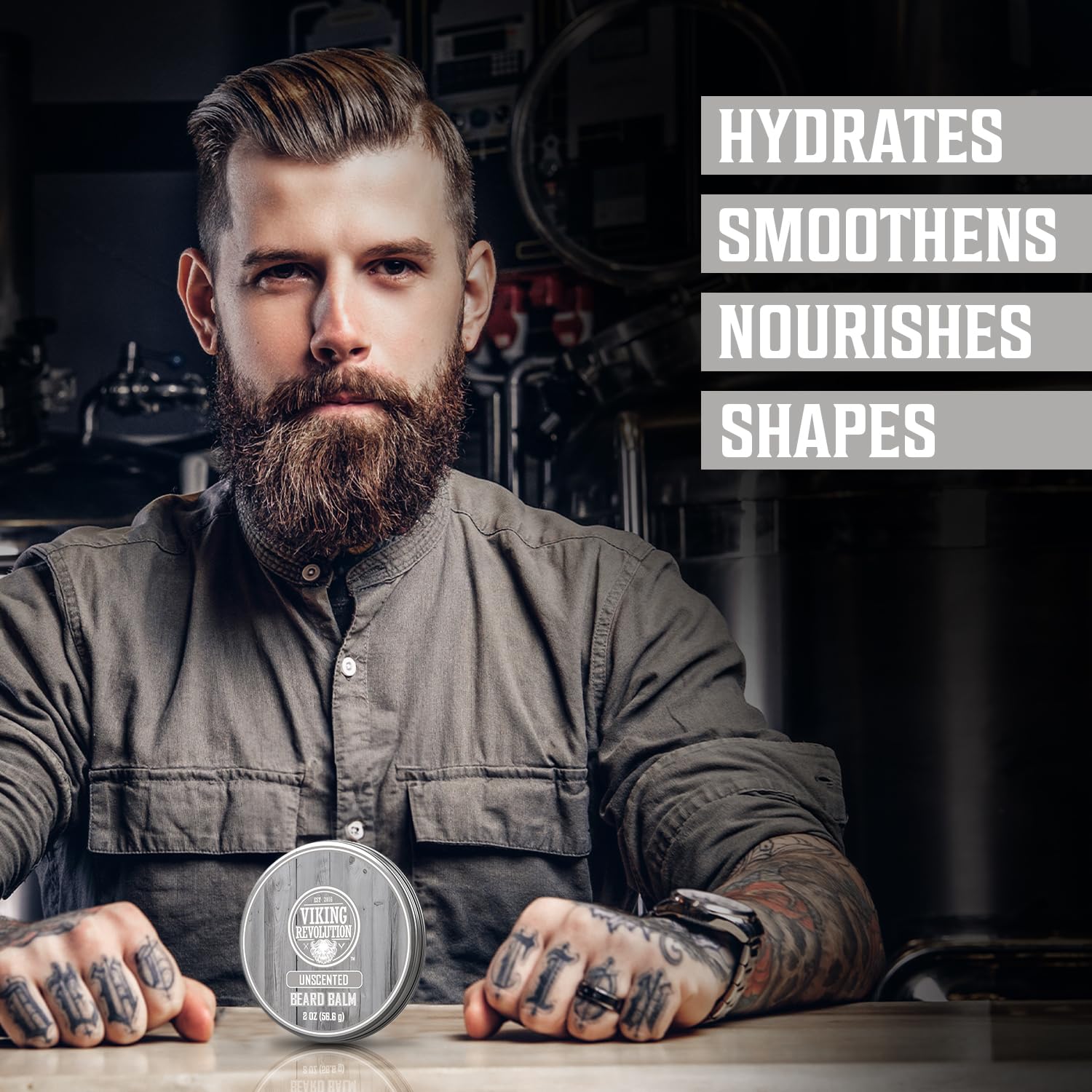 Viking Revolution unscented beard balm ingredients panel highlighting argan oil and jojoba nourishment.