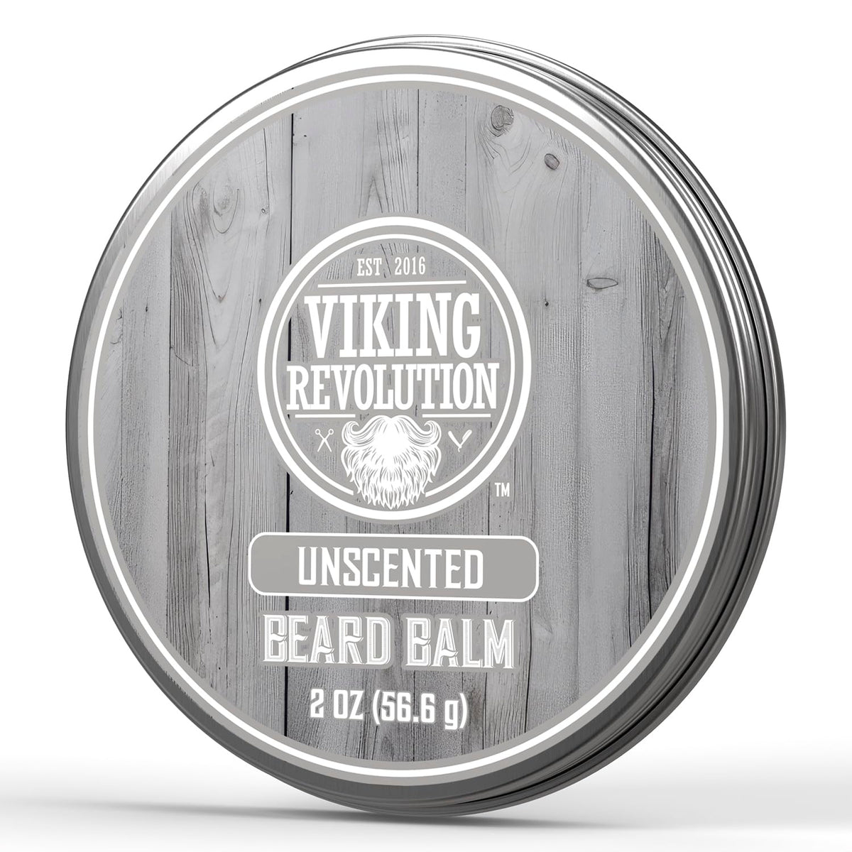 Viking Revolution unscented beard balm jar for easy styling and conditioning.
