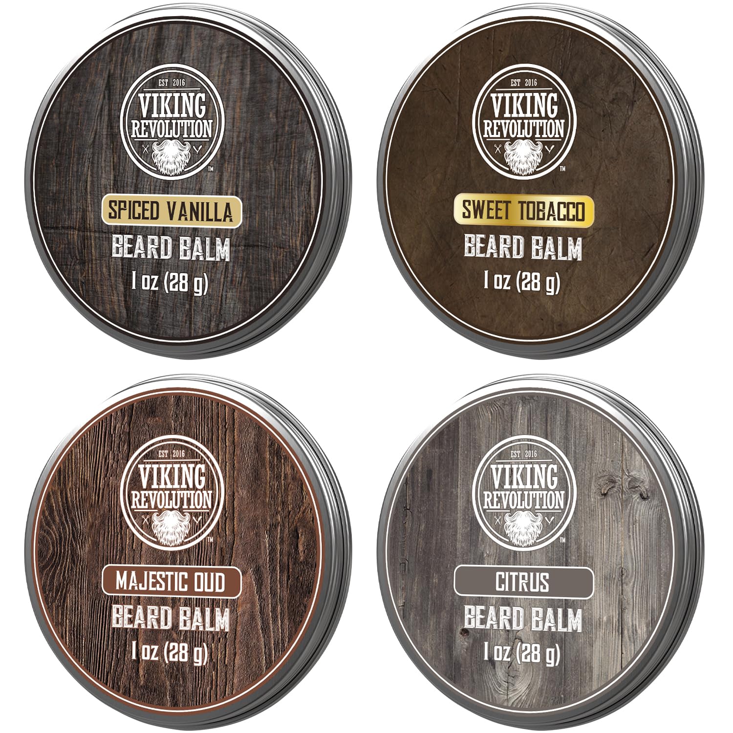 Viking Revolution variety-pack 1oz beard balms for versatile styling and conditioning.