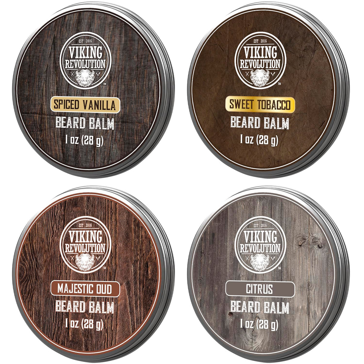 Viking Revolution variety-pack 1oz beard balms for versatile styling and conditioning.