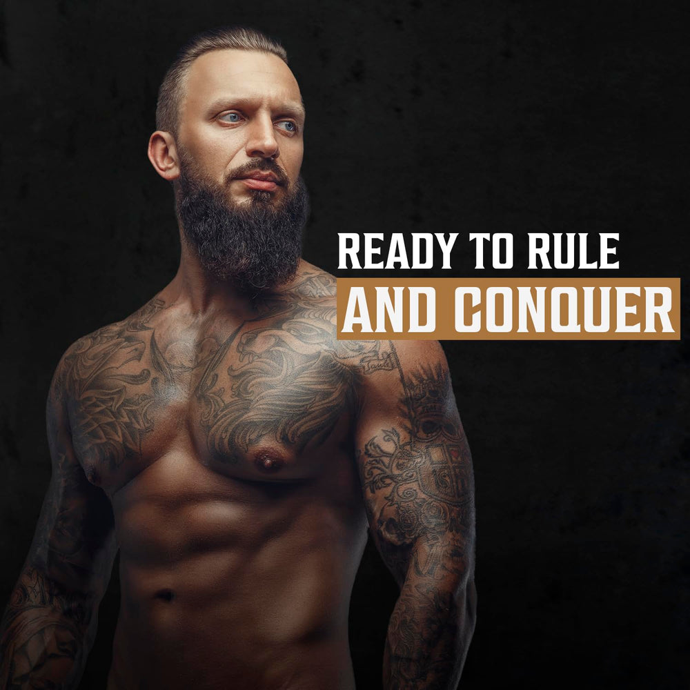 Viking Revolution vitamin B5 and vitamin E bottles suggest nourishment for healthy beard.