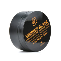 Vikings Blade shaving cream brush lather creating whipped foam for slick skin.
