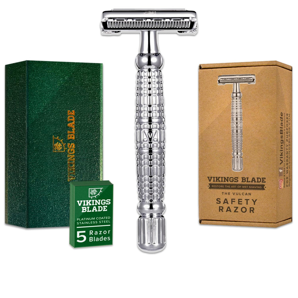 Vikings Blade The Vulcan razor close-up showing ergonomic long handle for precise shaving