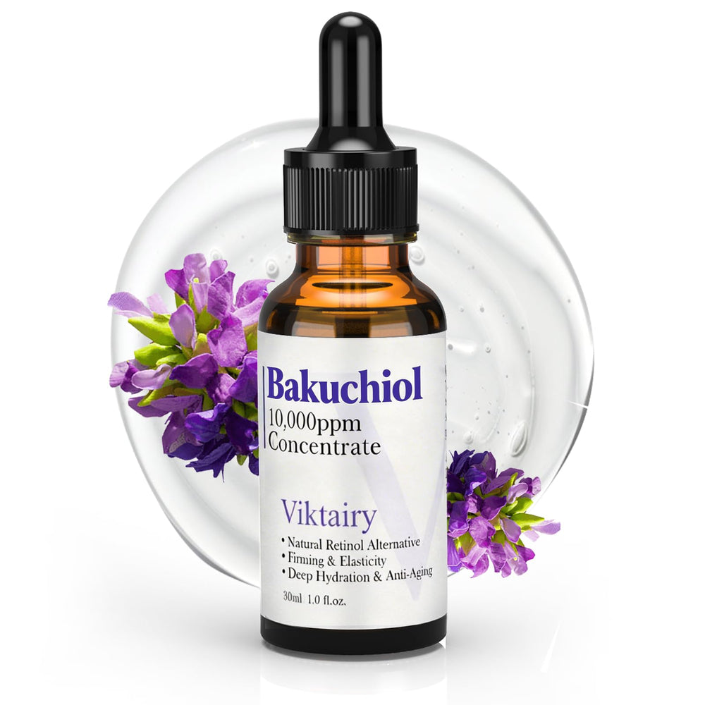 Viktairy Bakuchiol Serum en botella, aplicación fácil para firmeza y luminosidad.