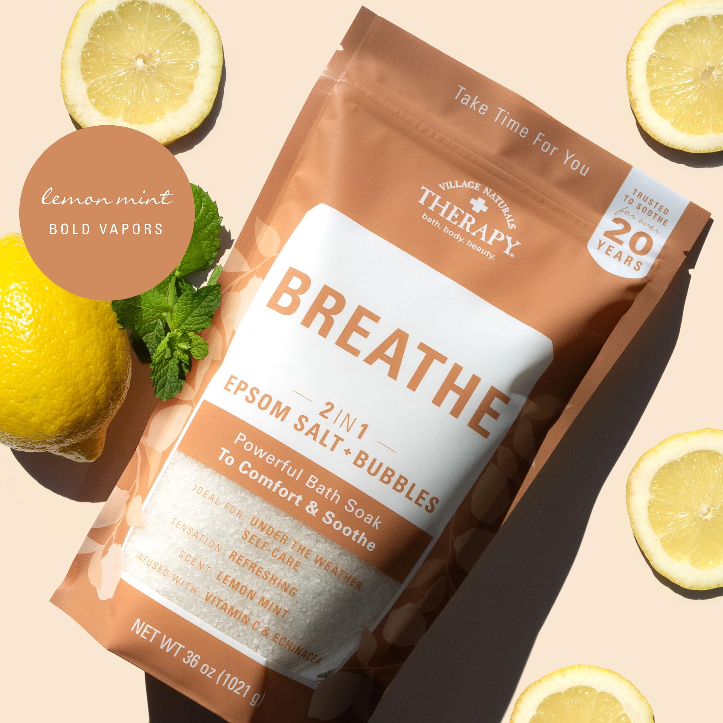 Village Naturals Therapy Breathe, aroma cítrico de limón y mentol para despertar sentidos.