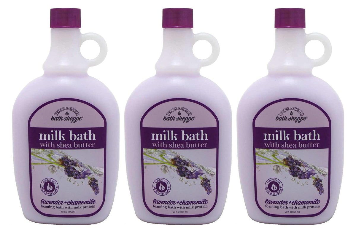 Village Naturals Therapy Ultra-Moist Lavender Chamomile Milk Bath bottle aids hydration and relaxation.