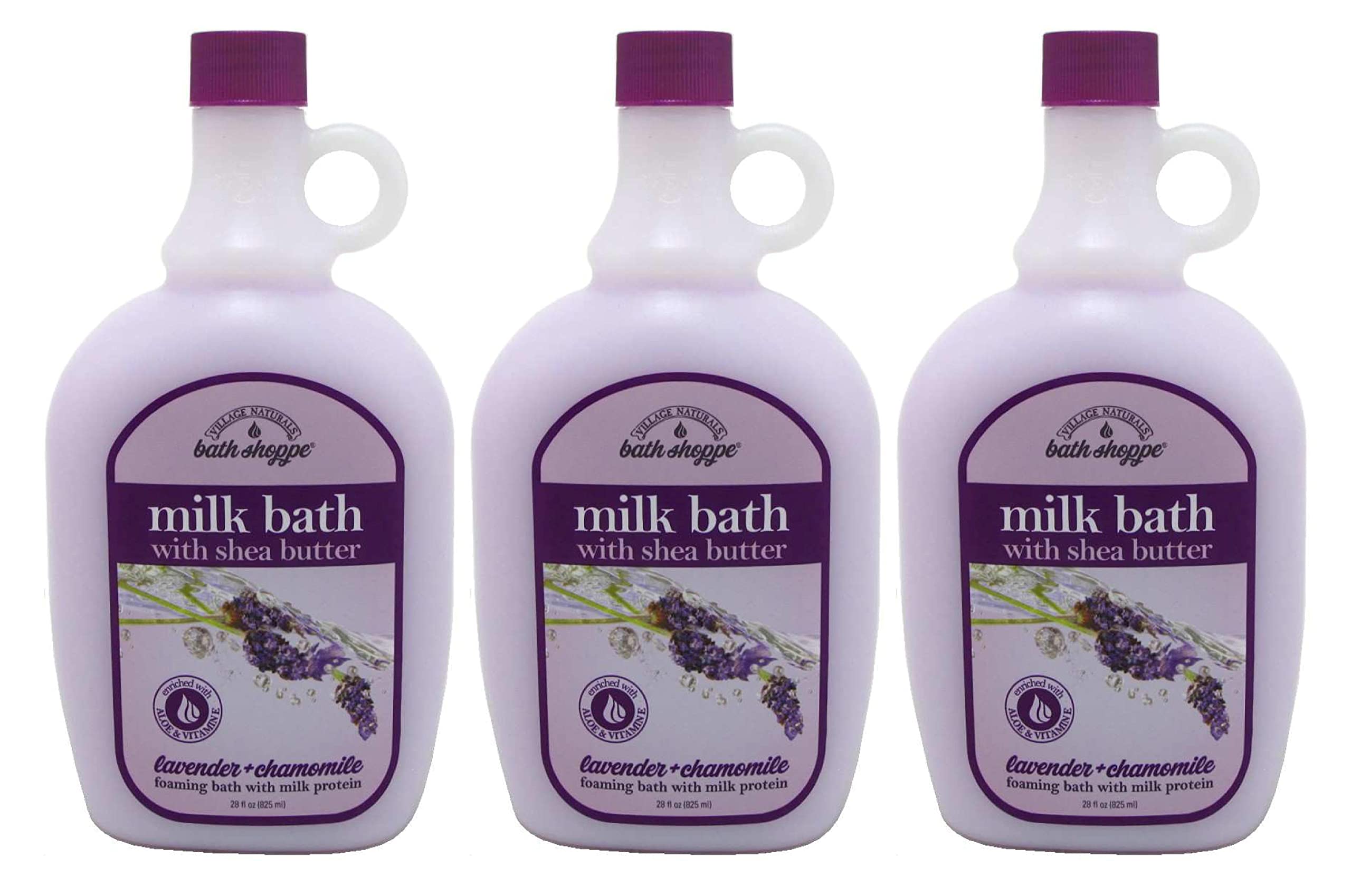 Village Naturals Therapy Ultra-Moist Lavender Chamomile Milk Bath three-pack packaging emphasizes value.