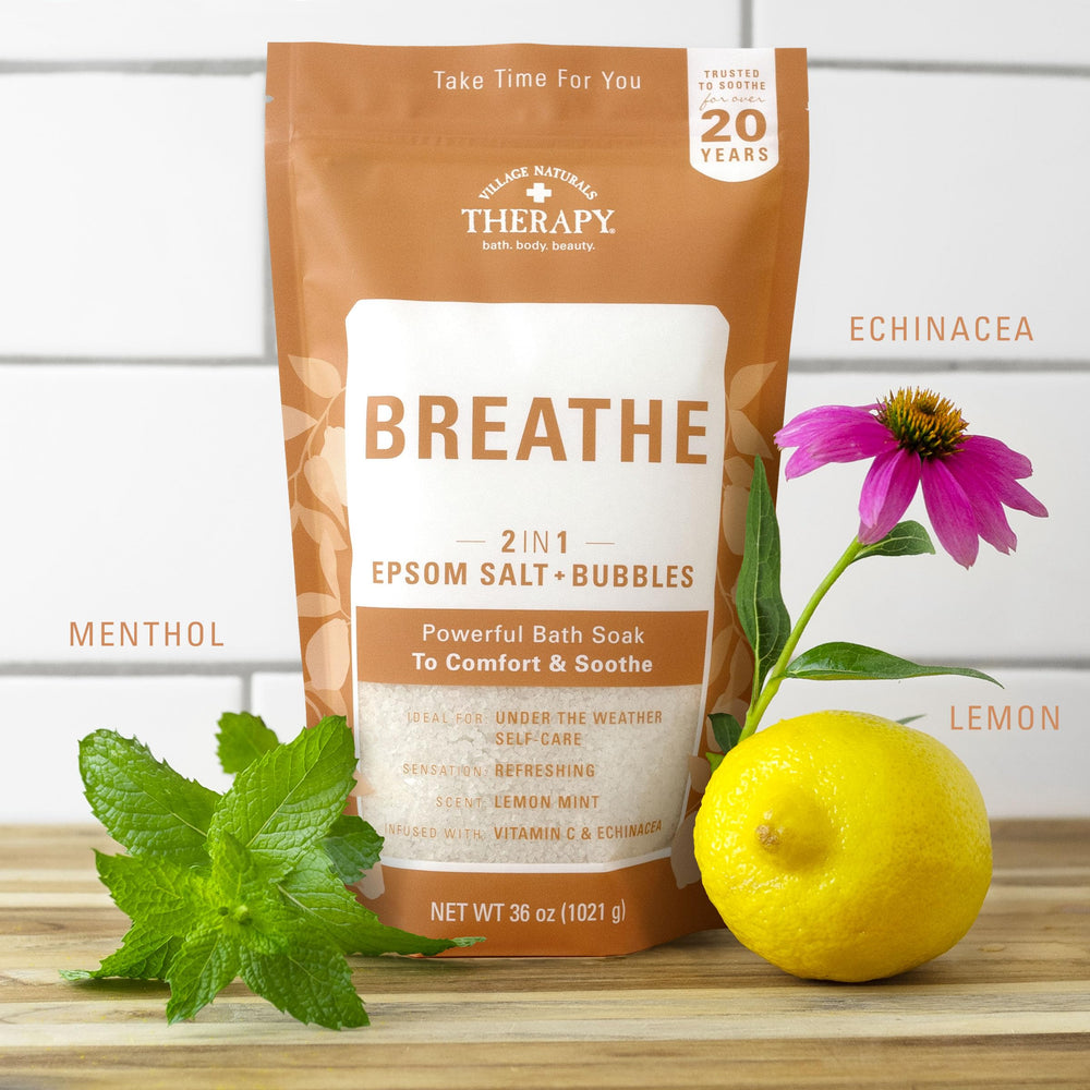Village Naturals Therapy Breathe, uso sencillo disolviendo dos puñados en agua tibia.