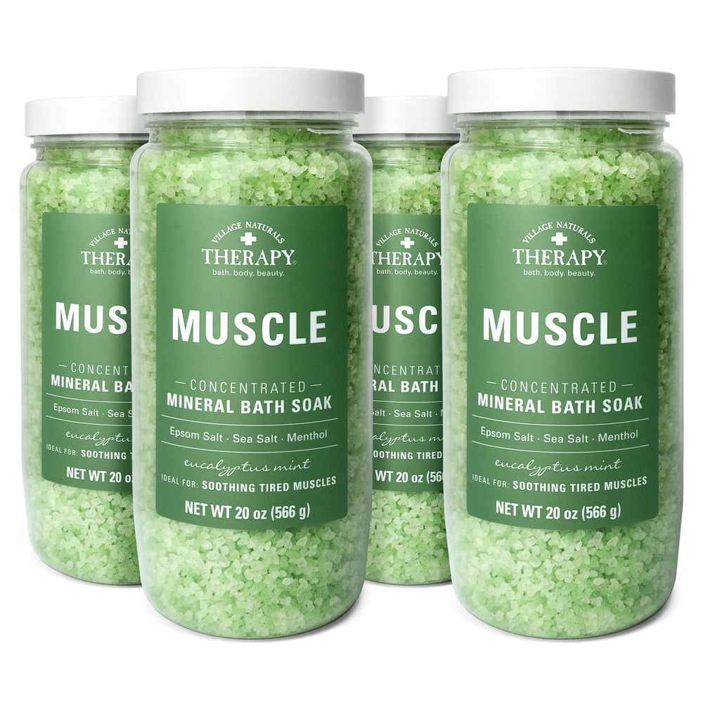 Village Naturals Therapy Muscle Bath Soak bottle pouring with eucalyptus mint aroma for relaxation