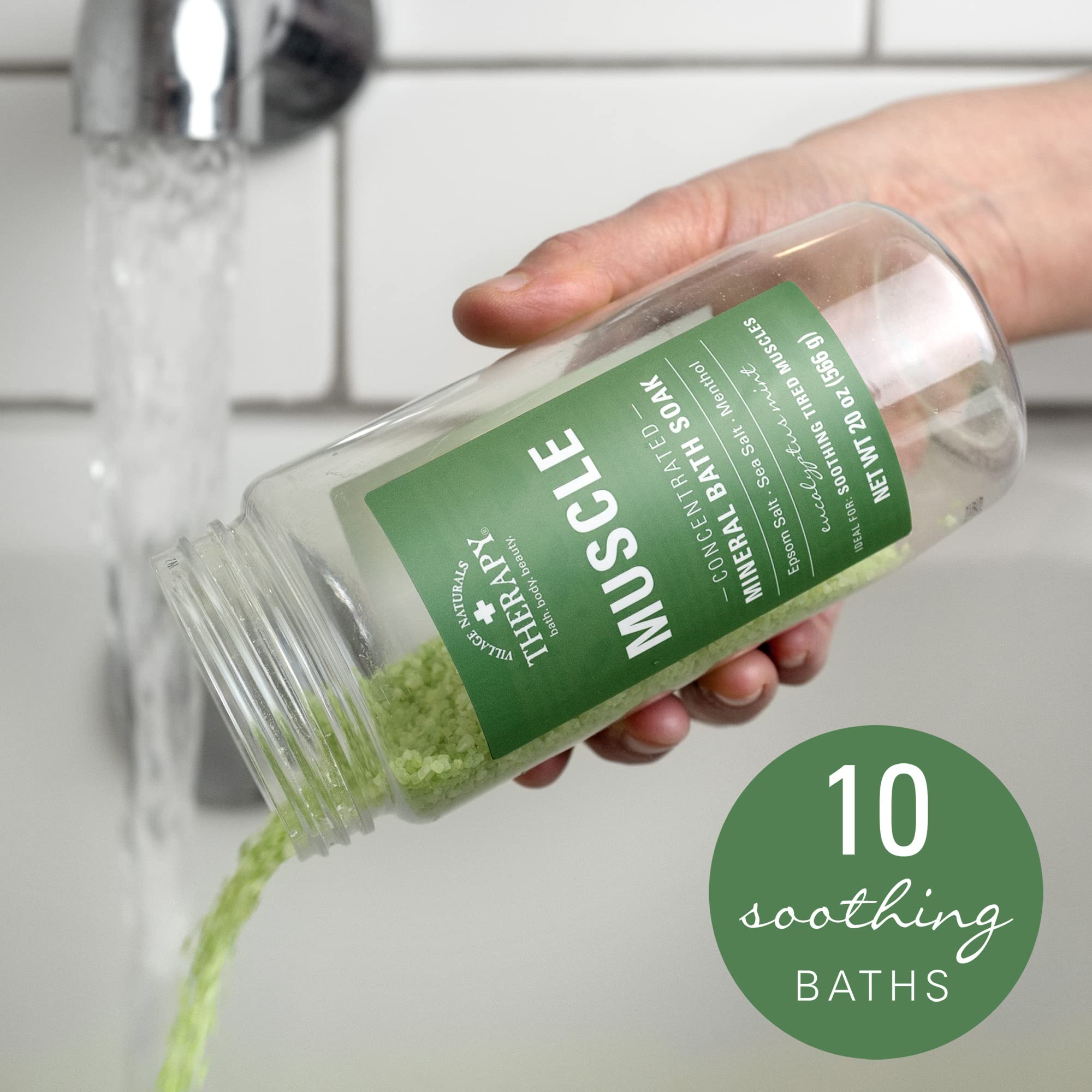 Village Naturals Therapy Muscle Bath Soak mineral blend closeup on label hinting revitalization