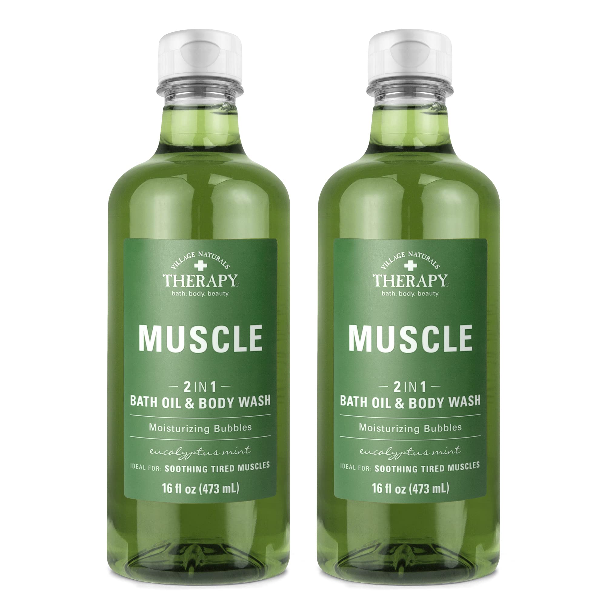 Village Naturals Therapy botella verde con aceite de baño espumoso para músculos