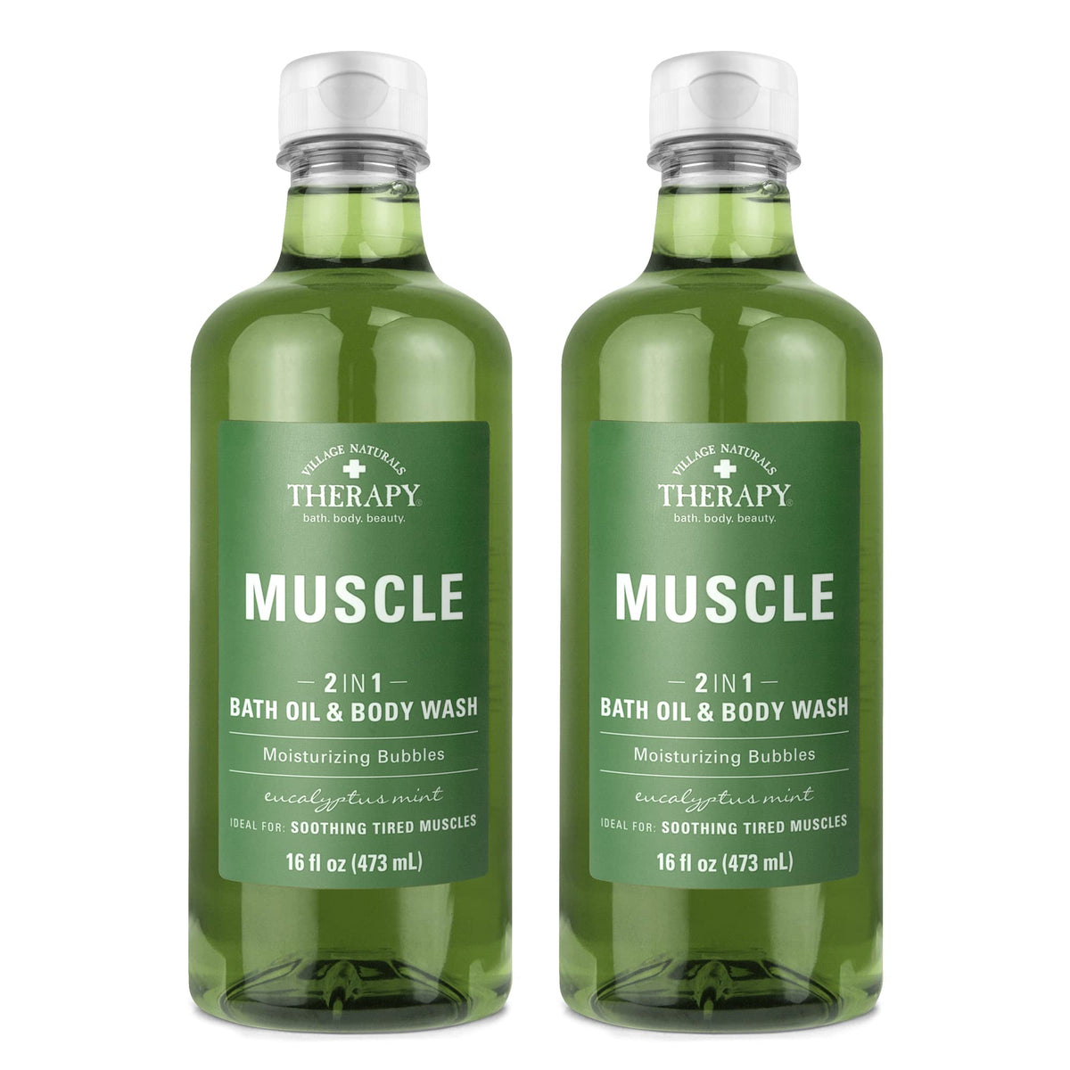 Village Naturals Therapy botella verde con aceite de baño espumoso para músculos
