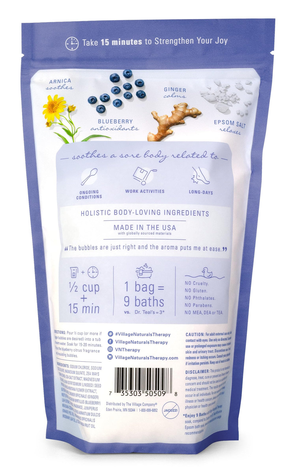 Village Naturals Therapy Comfort Foaming Bath Soak con Arnica para relajar músculos
