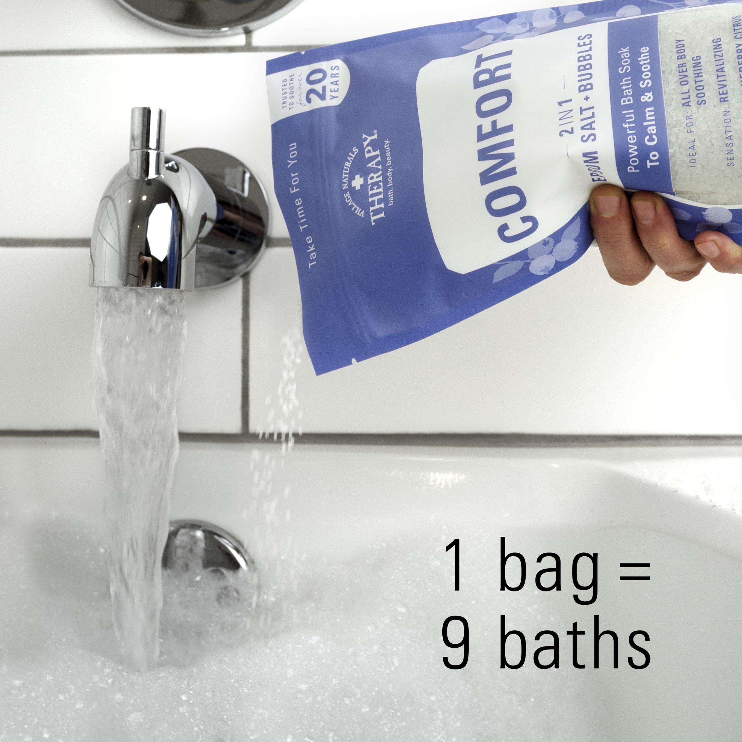 Village Naturals Therapy Comfort Foaming Bath Soak con sal marina para una experiencia suave