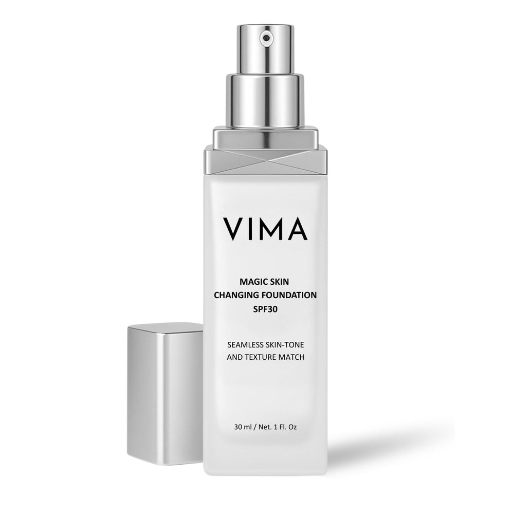 Vima Color-Changing Foundation bottle adapts to skin tone for natural match.