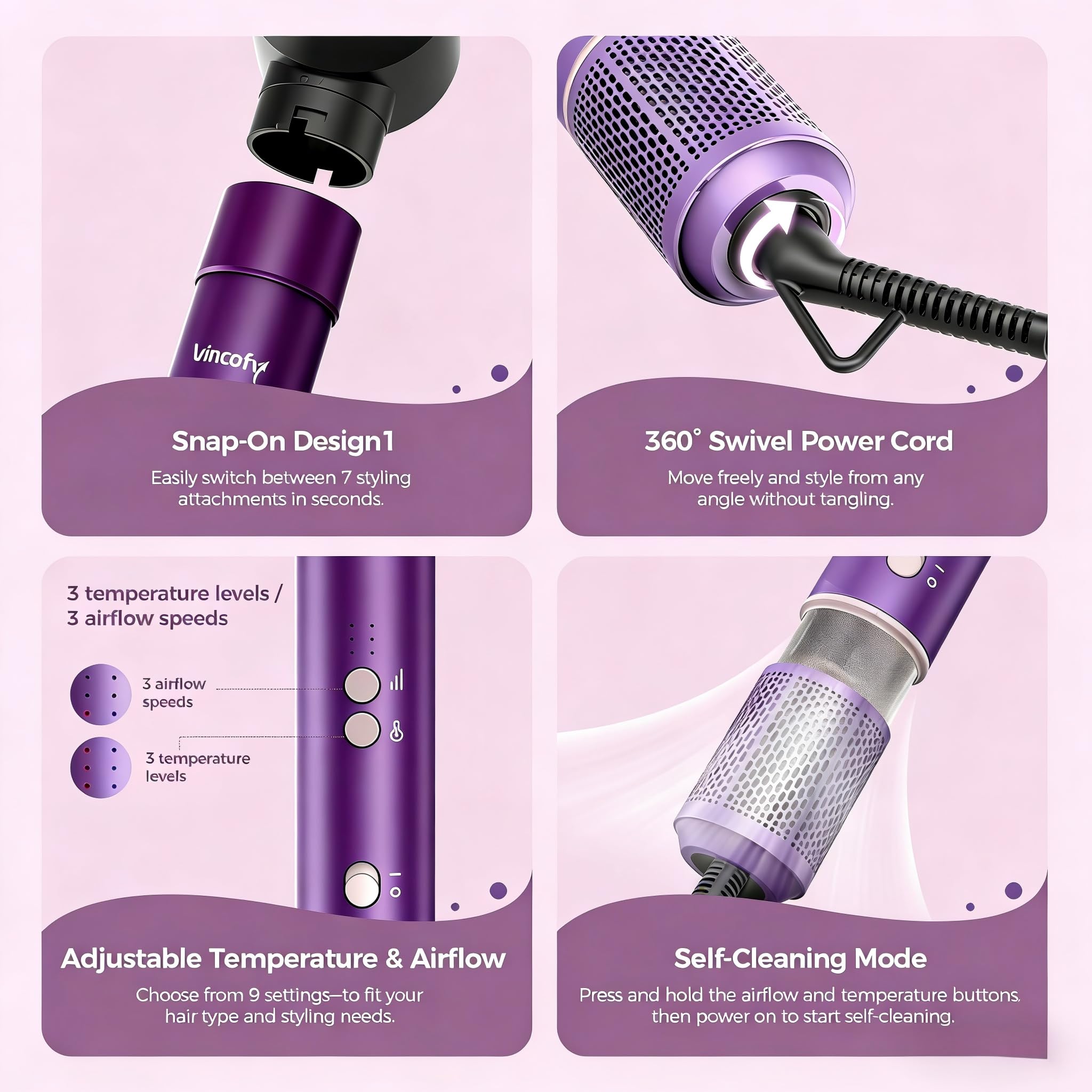 Vincofy detachable brush heads simplify cleaning and maintenance after styling.