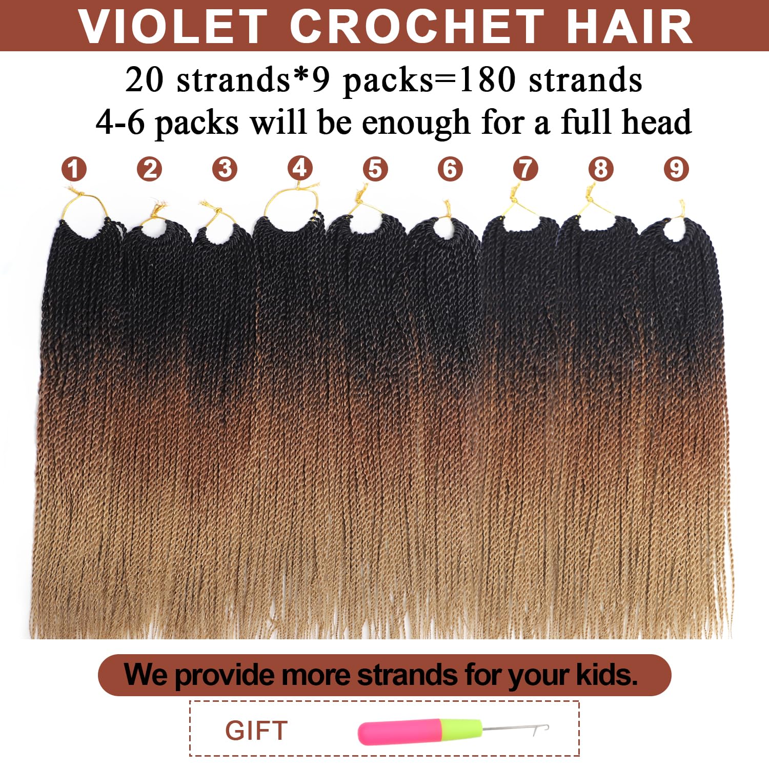 VIOLET Senegalese twist crochet hair 18 inch in-pack view with accessories.