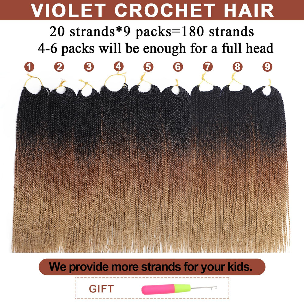 VIOLET Senegalese twist crochet hair 18 inch in-pack view with accessories.