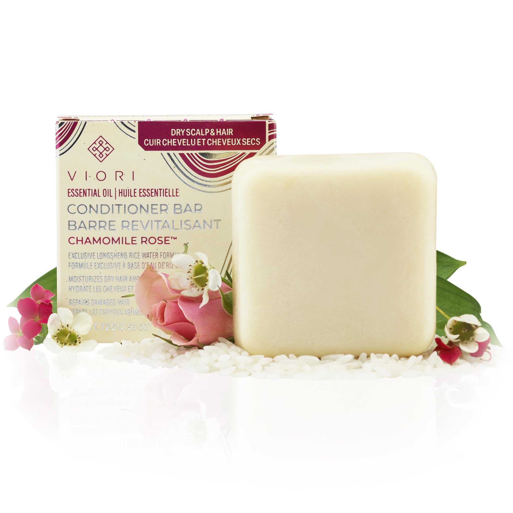 Acondicionador Viori en barra con manzanilla-rosa para cabello suave.