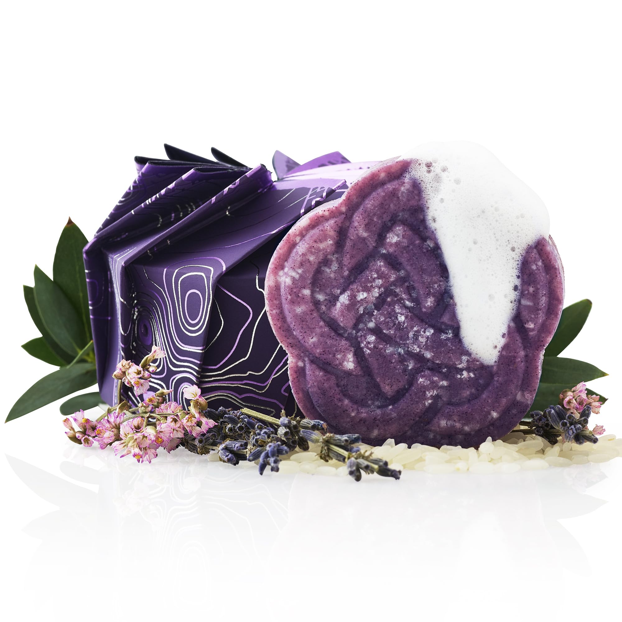 Barra de champú Viori morado con textura suave lista para uso diario