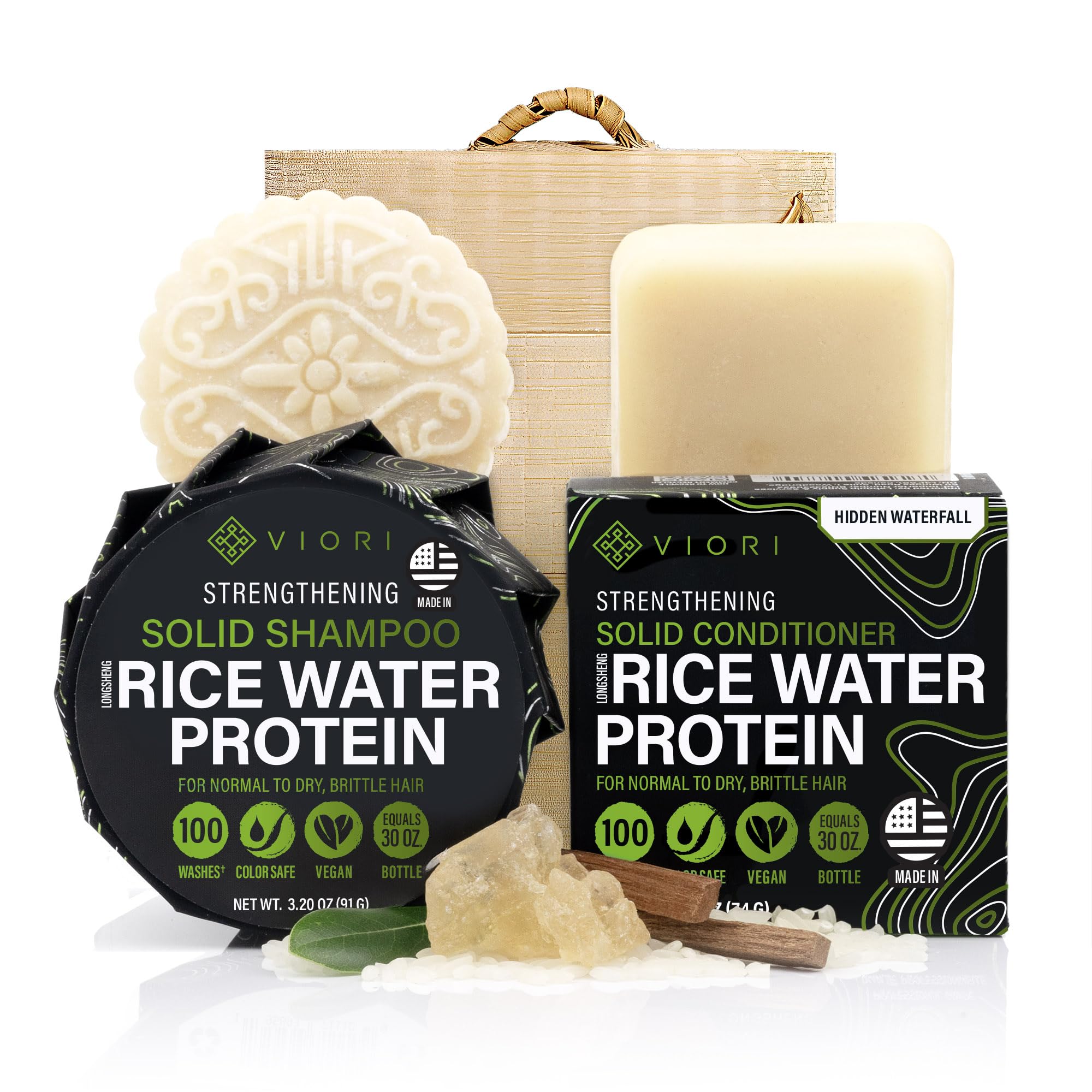 Viori Hidden Waterfall shampoo bar close-up showing rice water infusion for nourished hair