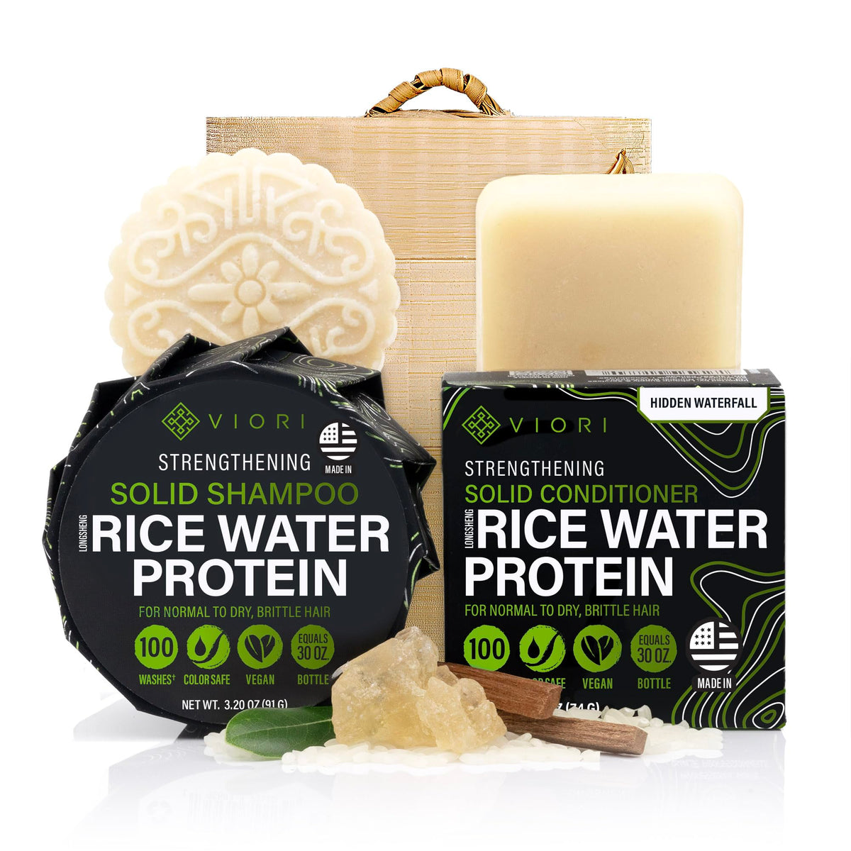 Viori Hidden Waterfall shampoo bar close-up showing rice water infusion for nourished hair