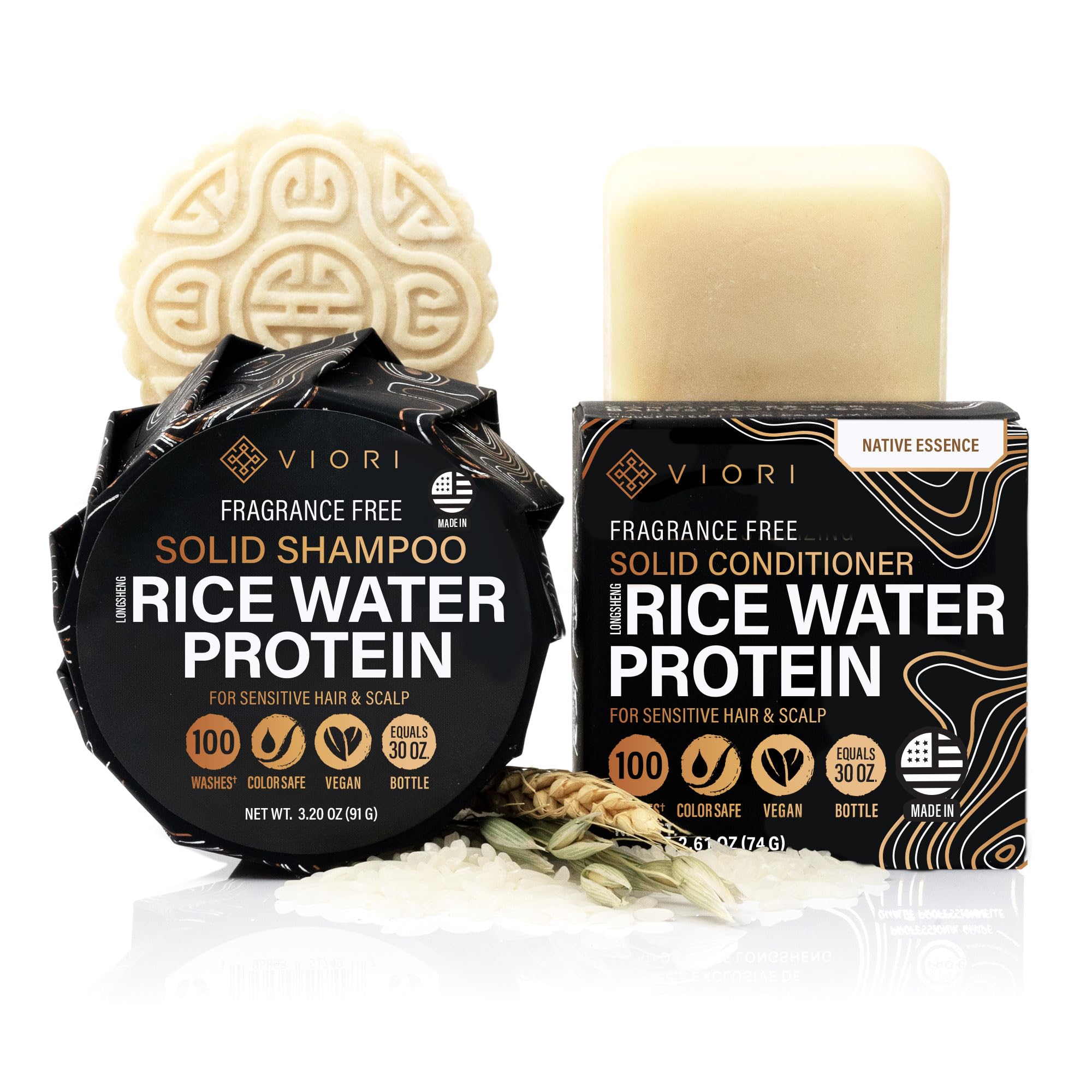 Viori Native Essence Shampoo Bar close-up showing cleansing action with rice water