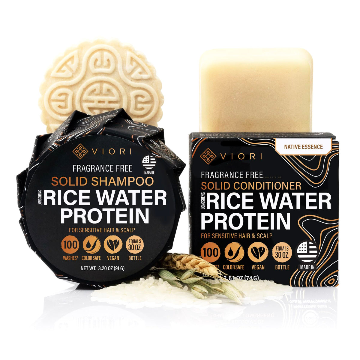 Viori Native Essence Shampoo Bar close-up showing cleansing action with rice water