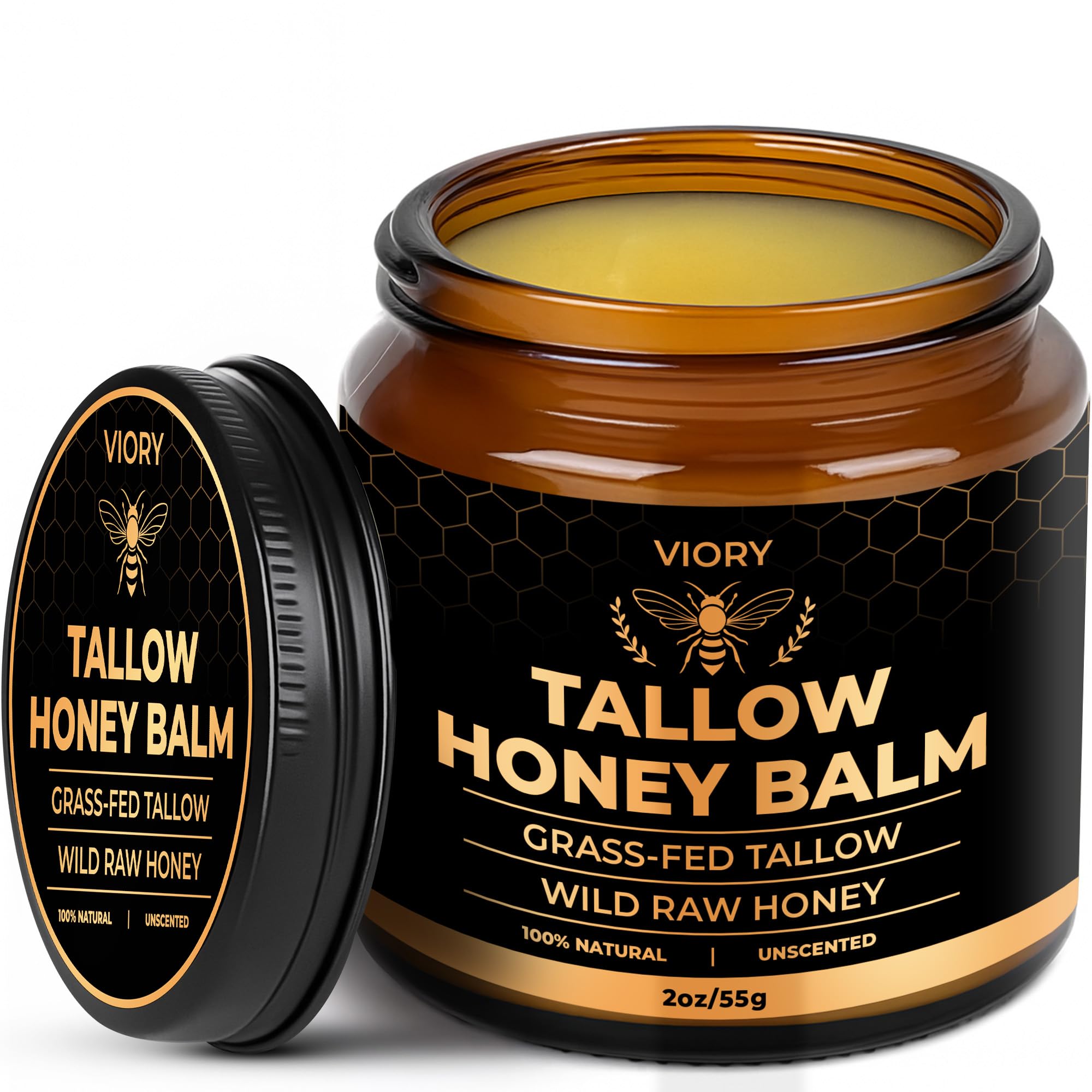 VIORY Tallow and Honey Balm jar closeup highlighting creamy texture for deep hydration.