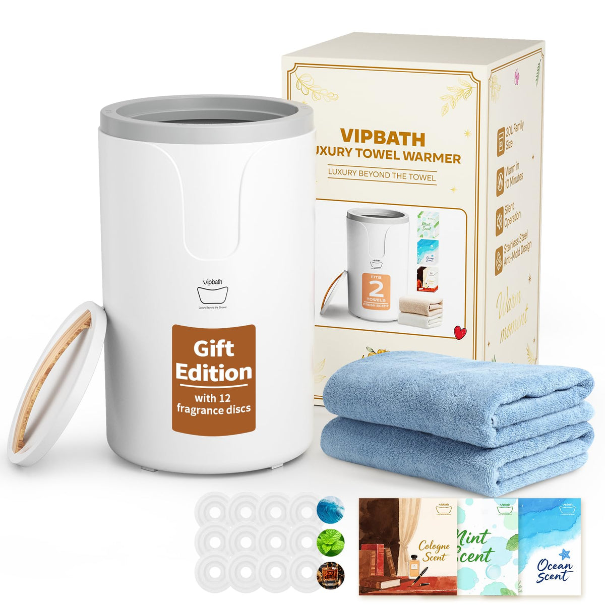 VIPBATH 20L towel warmer in premium gift box for a spa-like unboxing experience.