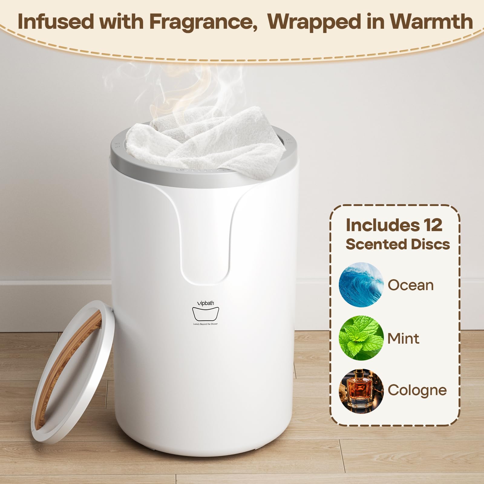 VIPBATH towel warmer with auto shut-off safety feature for worry-free use.
