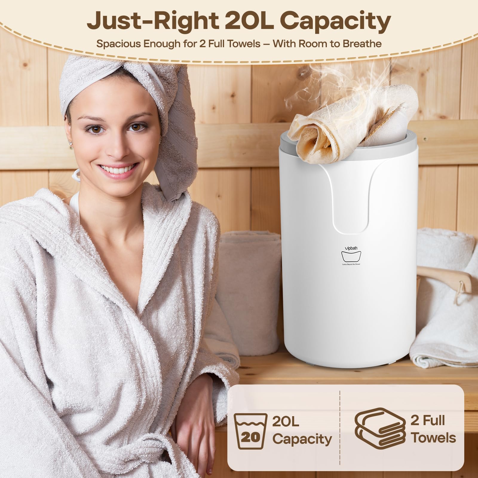 VIPBATH 20L towel warmer displaying ample capacity for two towels.