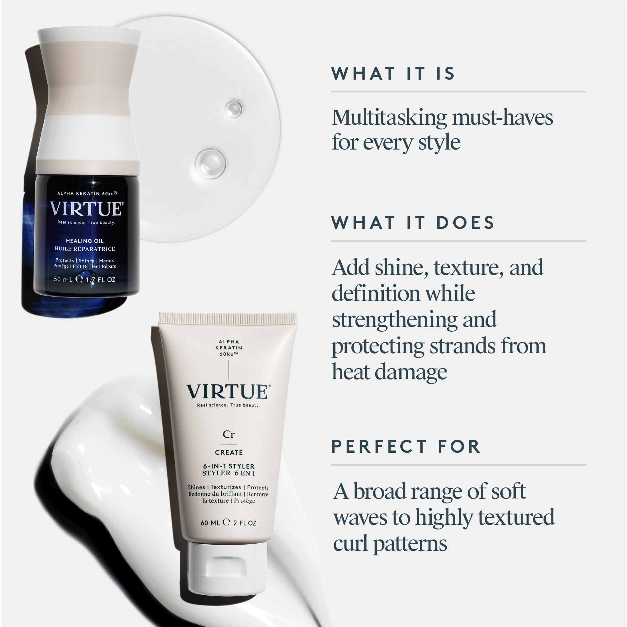 VIRTUE 6-in-1 Hair Styler jar illustrates versatile styling for daily looks